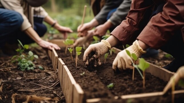People hands planting trees or working in community garden promoting local food production and habitat restoration, concept of Sustainability and Community Engagement. Generative AI.