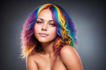 Naklejka premium Portrait of a beautiful woman with bare shoulders and hair dyed with multi-colored strands. Generative AI