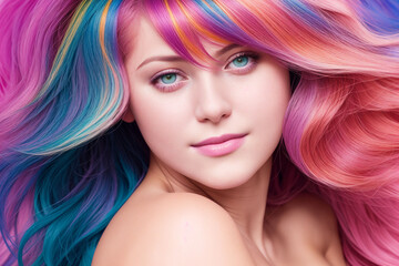 Fototapeta premium Portrait of a beautiful woman with bare shoulders and hair dyed with multi-colored strands. Generative AI