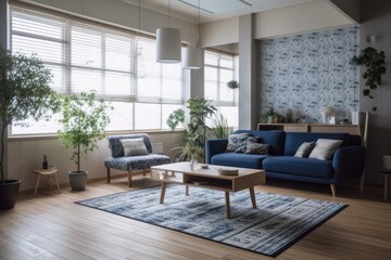 Fototapeta na wymiar Contemporary white and blue wooden living room. Fabric couch, parquet floor, window, and decors. Japanese interiors. Generative AI