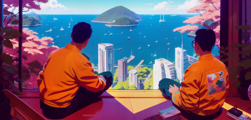 Two Brothers Sitting High Above the City Over Looking the World Digital Generative AI Art Illustration
