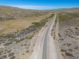 Drone view of the famous Ruta40 through the Argentinian Pampa in the Province Neuquén - Traveling...