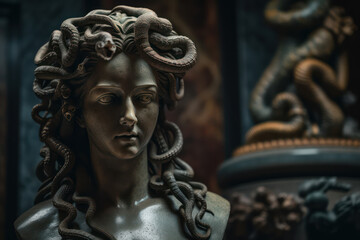 Fototapeta na wymiar A fictional person, Gorgon's Enigmatic Gaze: A Haunting Image of the Mythological Medusa, Generative AI