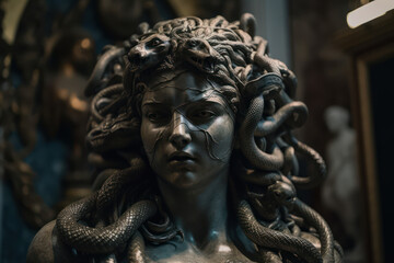 Obraz premium A fictional person, Gorgon's Enigmatic Gaze: A Haunting Image of the Mythological Medusa, Generative AI