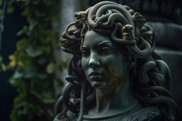 A fictional person, Gorgon's Enigmatic Gaze: A Haunting Image of the Mythological Medusa, Generative AI