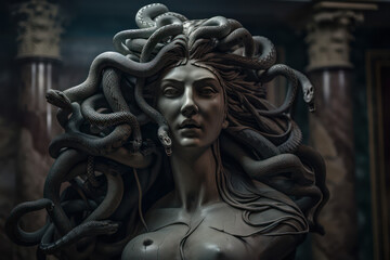 Fototapeta na wymiar A fictional person, Gorgon's Enigmatic Gaze: A Haunting Image of the Mythological Medusa, Generative AI