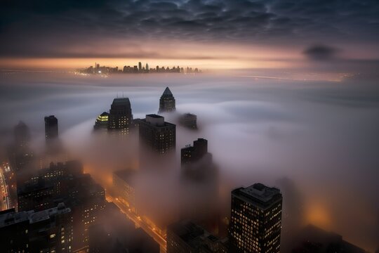 A mesmerizing photograph of the iconic NYC skyline shrouded in fog