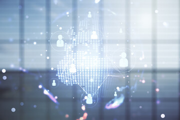 Obraz premium Virtual social network hologram and world map on empty corporate office background. Multiexposure