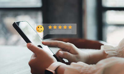 Customer Experiences review satisfaction feedback survey concept, 5-star satisfaction, Client give...