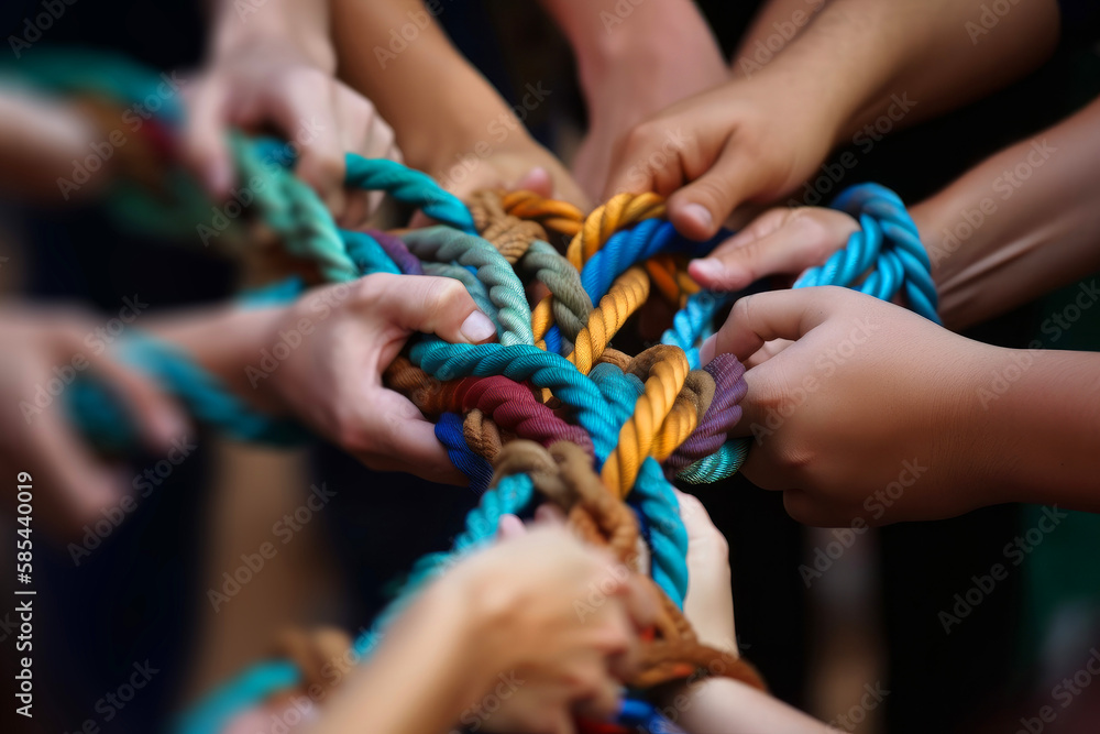 Wall mural Many peoples hands working together to untangle a knotted rope. Business teamwork. Generative ai