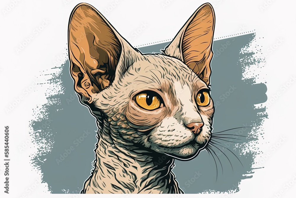 Poster illustration of a devon rex in front of a white backdrop. generative ai