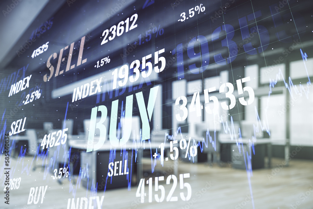 Poster multi exposure of virtual abstract financial graph interface on a modern furnished classroom backgro