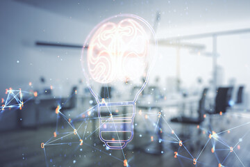 Abstract virtual creative light bulb with human brain hologram on a modern furnished office interior background, artificial Intelligence and neural networks concept. Multiexposure