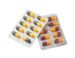 Set of pills in a foil blister package on transparent png