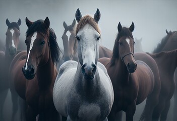 Fototapeta na wymiar herd of horses in fog. Generative AI
