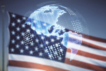 Virtual digital map of North America on USA flag and sunset sky background, international trading concept. Multiexposure