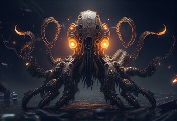 Menacing futuristic AI Kraken Animal Robot, glowing elements, scary, future created with generative ai technology