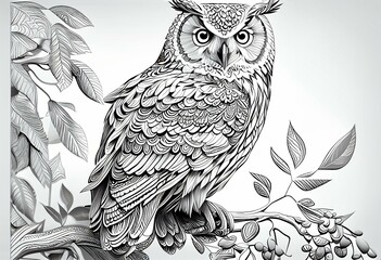 Owl coloring book for adults PNG illustration with transparent background. Generative AI