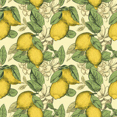 Seamless pattern of Retro lemons with leaves. lemons background. Perfect for wallpaper, textiles, and web backgrounds, package design. Good quality for repeating design. Generative AI.