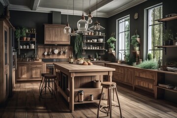 Dark beige wooden kitchen with island and chairs. Shelves, cabinets, and parquet. Farmhouse boho decor,. Generative AI