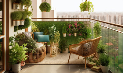 Fototapeta na wymiar Sunny City Balcony Garden with Green Plants & Comfortable Furniture - Modern Terrace with Flowering Hanging Pots. Generative AI
