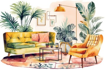 Bohemian interior with mid century contemporary furnishings. Tropical houseplant, rug, armchair. Watercolor. Print. Yellow pink. Generative AI