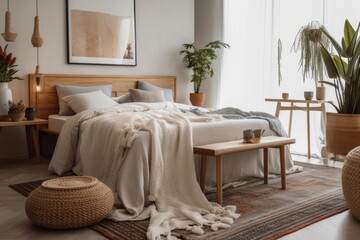 Minimalist bedpost with knit blanket in bright bedroom with plants and carpeting. Real picture. Generative AI