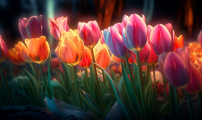 Obraz na płótnie Canvas Beautiful Tulips Flowers in Yndall Light Effects - A Breathtakingly Vibrant and Detailed Image, Perfect for Art Lovers and Nature Enthusiasts. Generative AI