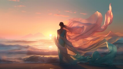 young beautiful fictional woman on the beach at sunrise with waving silk towels against the light in pastel colors, generative ai