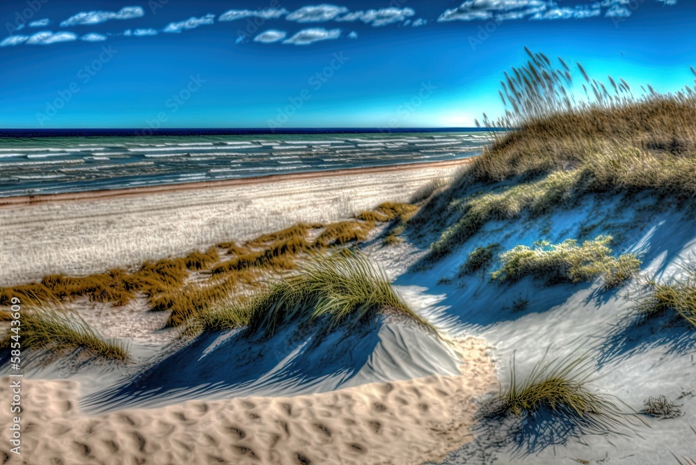 Poster in this dune scene along the baltic sea, the water and the beach are visible in the background of th