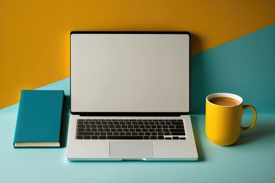 Laptop with blank screen and coffee cup on blue and yellow background