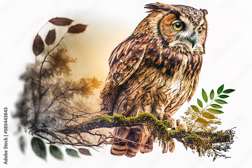 Poster owl and tree branch photograph shot in double exposure generative ai