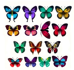 Set of very beautiful colorful butterflies with color transitions isolated on a white background.