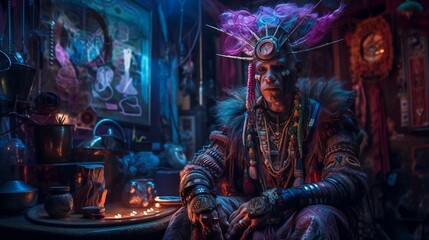 Fototapeta na wymiar (fictional person) futuristic voodoo cyberpunk shaman medicine man in his shop, generative ai