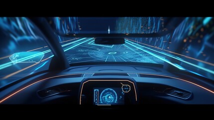Plakat A car on a dark background, a futuristic autonomous vehicle. Car HUD.