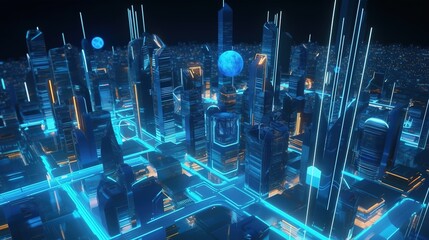 Modern city with wireless network connection and cityscape concept. Wireless network and connection technology concept with city background at night.
