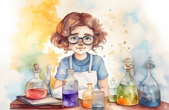 watercolor girl doing science experiments, made with generative ai