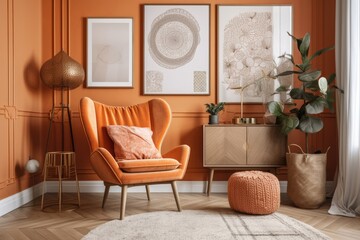 Blank poster, armchair, dresser, and decor in orange bohemian style. mockup. Generative AI