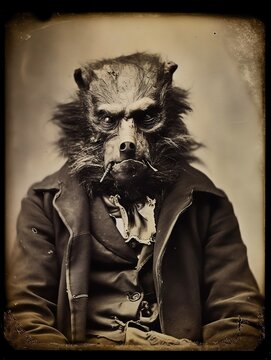 old antique photography of a fictional person depicted as werewolf, generative ai