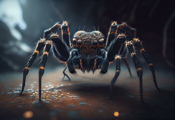 Black hairy legs, fangs big spider concept scarry, generative ai
