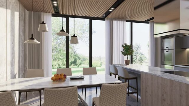 3D-render. The camera covers a modern open living room with a kitchen. Studio apartment