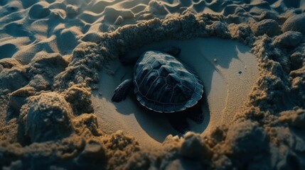 A huge turtle in a small sand whole on the ground of the ocean - created by generative AI