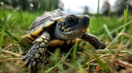 Baby turtle closeup in the grass - created by generative AI