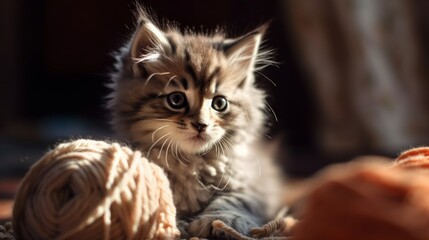 A baby kitten with a wool ball - created by generative AI