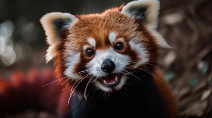 A happy red panda with wide open eyes showing his beautiful color - created by generative AI