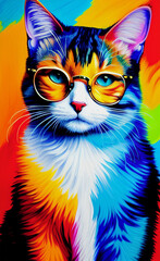 Painting of a colorful, playful, and mischievous cat, wearing eyeglasses. 