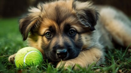 Siberian Shepherd puppy with a tennis ball - created by generative AI