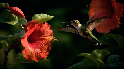 Hummingbird in nature looking for flower nectar - created by generative AI