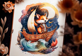Cute fox pirate transports the moon, ship and anhor. Watercolor postcard. Decor for a children's room. Generative AI