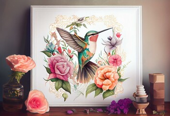 Watercolor painting pattern of a hummingbird with flowers and roses in a landscape - used for wall painting - digital painting -1. Generative AI